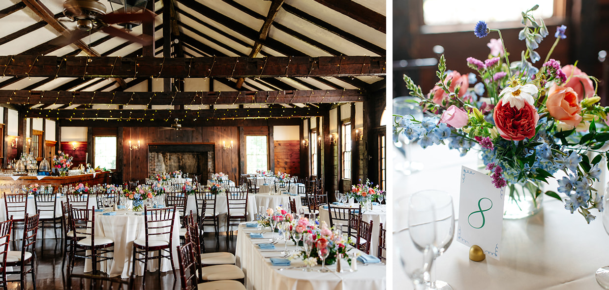 Historic reception space at The Fontainebleau Inn decorated with colorful flowers for a summer wedding
