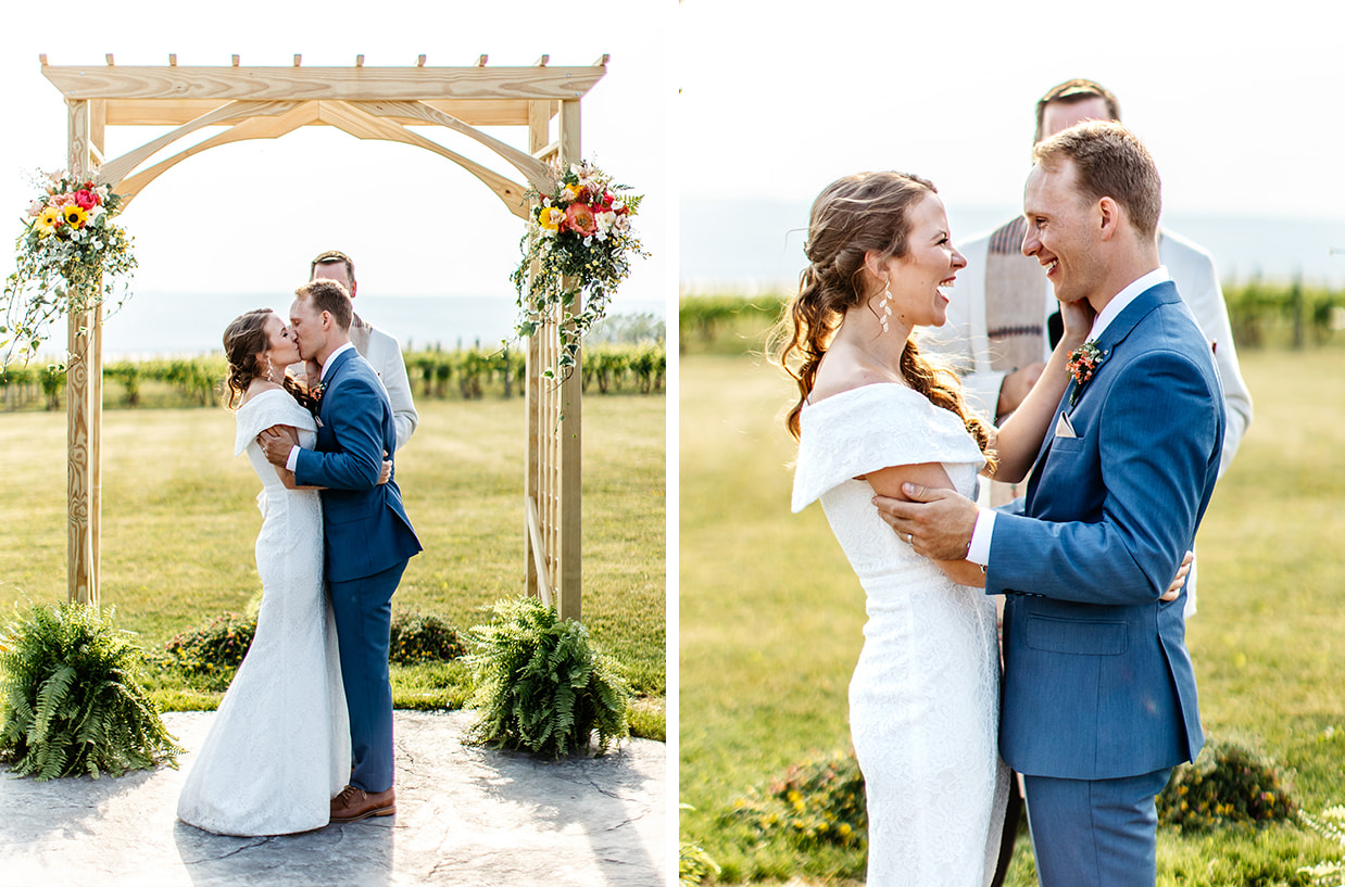 Bride and groom share their first kiss at The Ginny Lee Cafe at Wagner Vineyards in Lodi NY