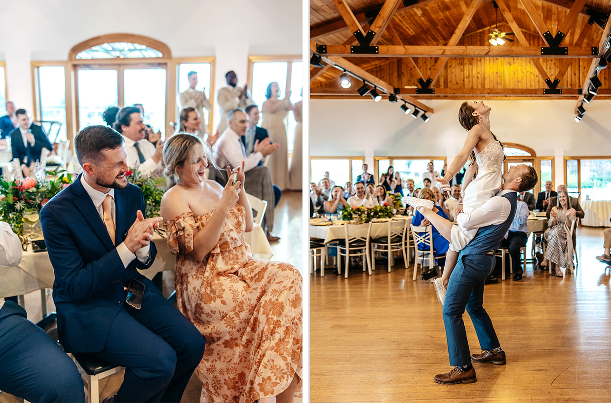 groom lifts bride in the air during their first dance at The Ginny Lee Cafe at Wagner Vineyards while guests clap