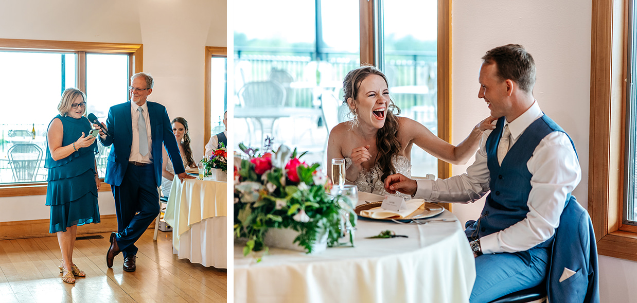 Bride and groom laugh while her parents give speech during their wedding reception