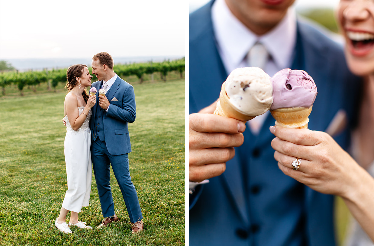 Bride and groom smile and hold ice cream cones on the lawn of The Ginny Lee Cafe at Wagner Vineyards in Lodi NY