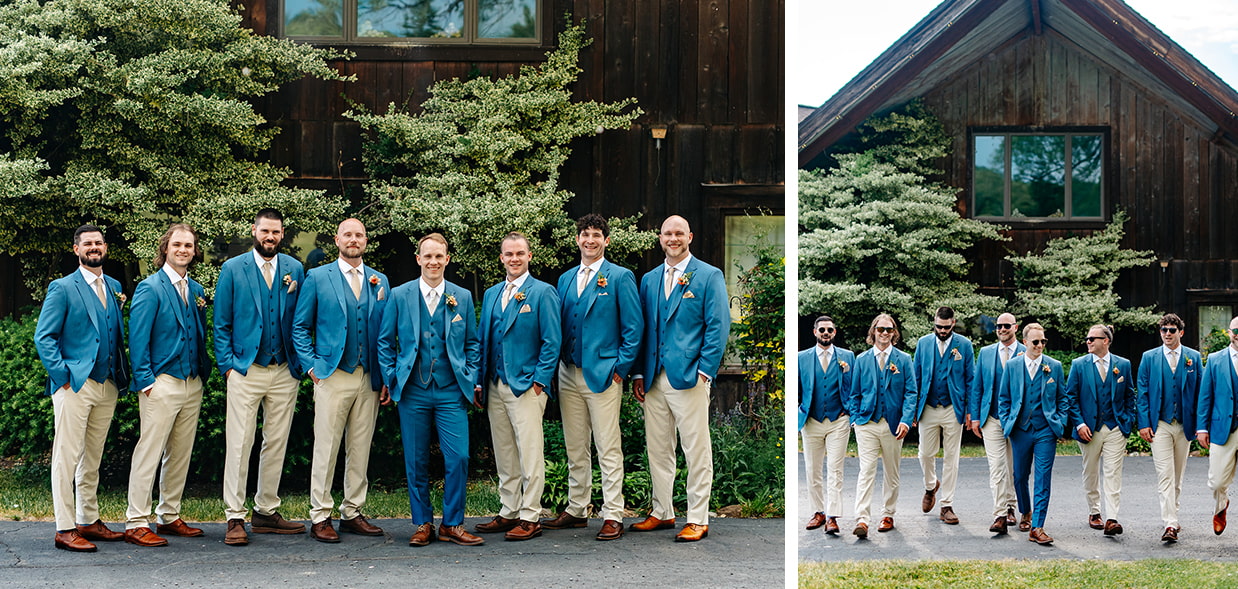 Groom and groomsmen in blue suit jackets and tan pants smile for photo at The Ginny Lee Cafe at Wagner Vineyards