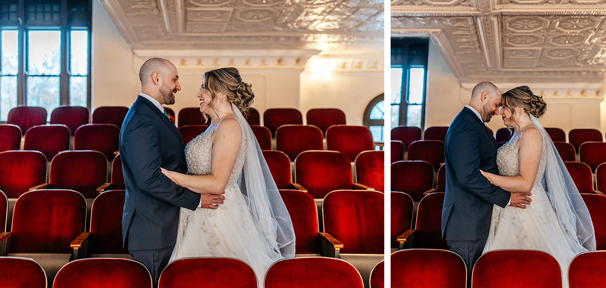 Bride and groom embrace in front of theatre seats at The Historic German House in Rochester NY