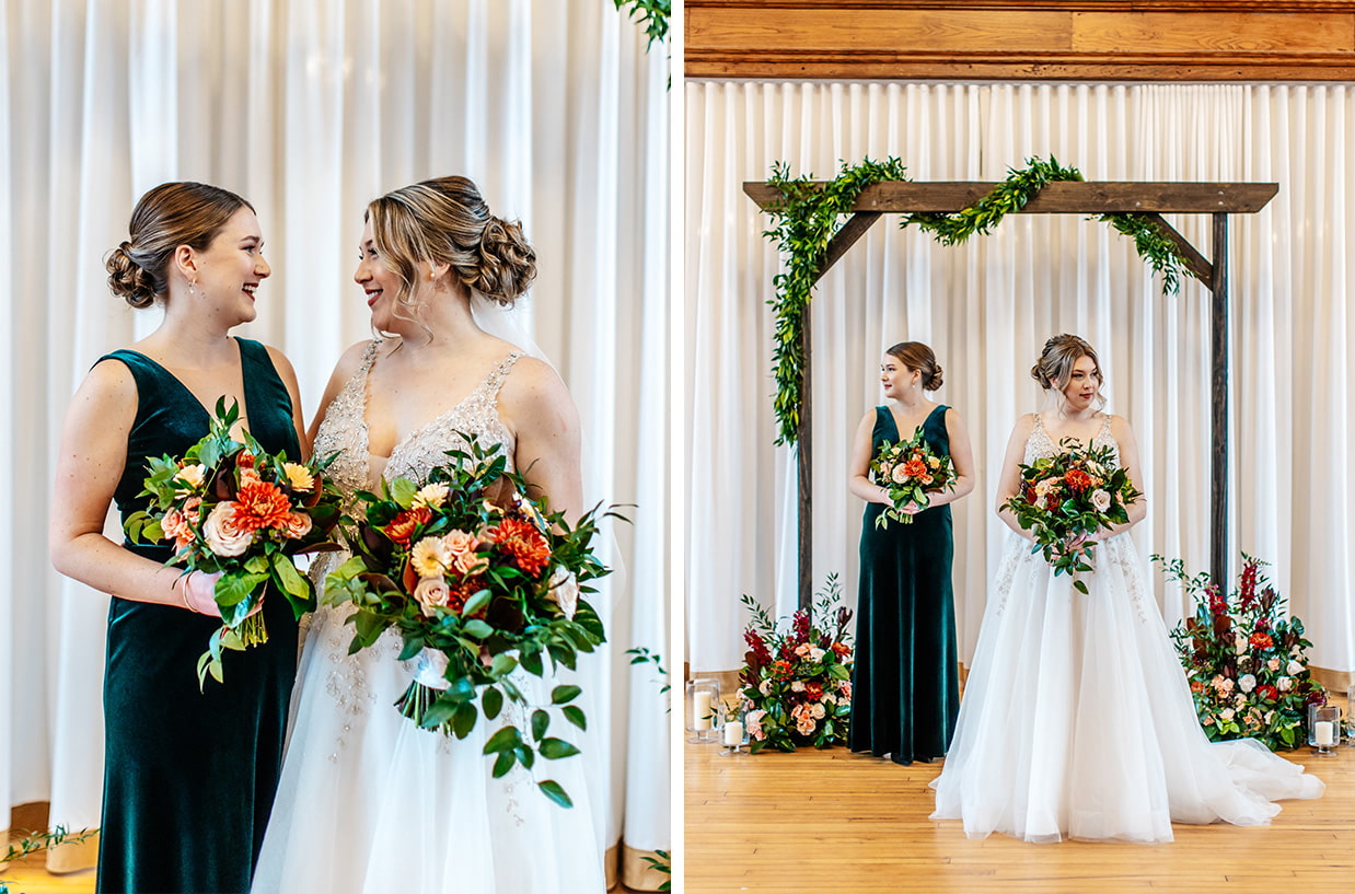Bride and her sister hold their bouquets in the ceremony space at The Historic German House in Rochester NY