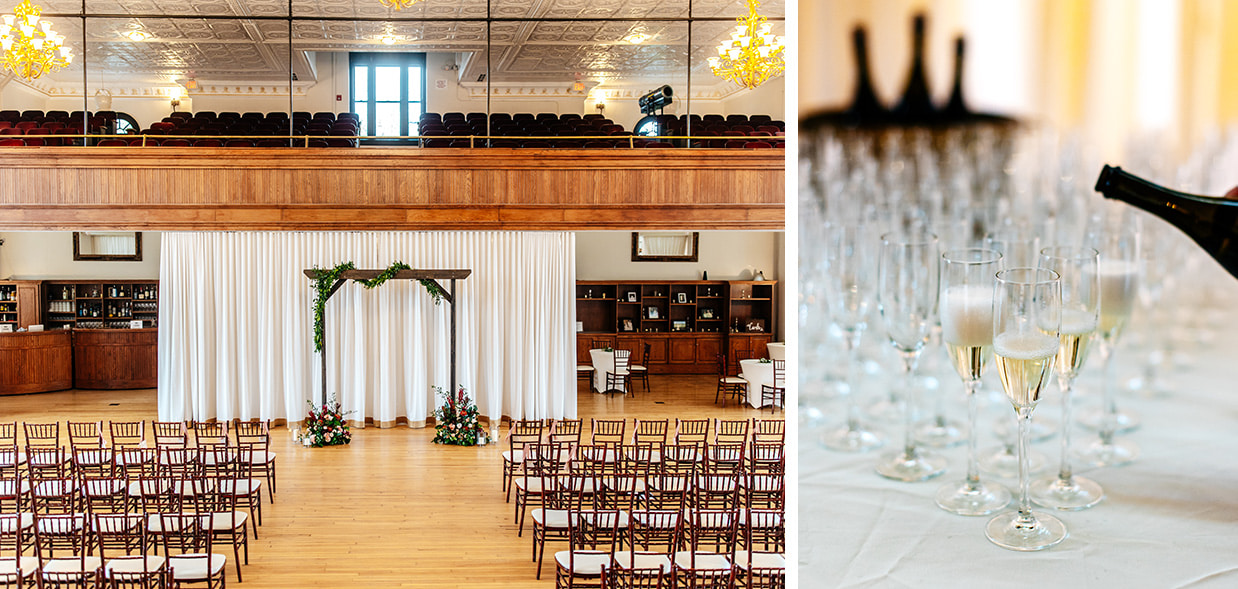 decorated ceremony space and glasses of champagne at The Historic German House in Rochester NY