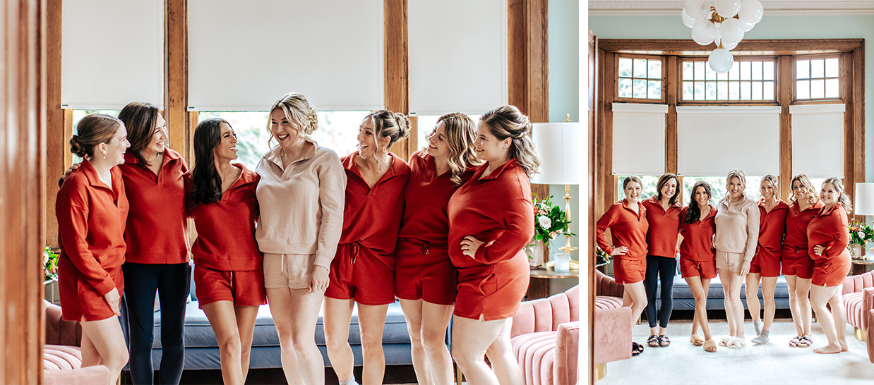 bride and bridesmaids in matching pink and terracotta lounge outfits in the Highland Suite at The Historic German House in Rochester NY