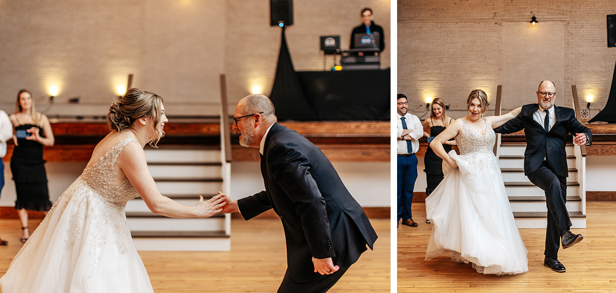 Bride dances a choreographed dance with her dad at her wedding at The Historic German House in Rochester NY