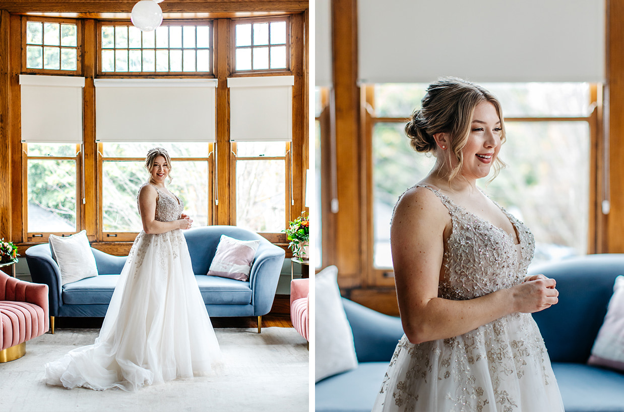 bride smiles and stands in her wedding dress in the Highland Suite at The Historic German House in Rochester NY