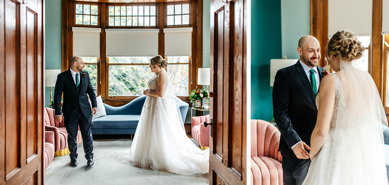 Bride and groom have their first look in the Highland Suite at The Historic German House in Rochester NY