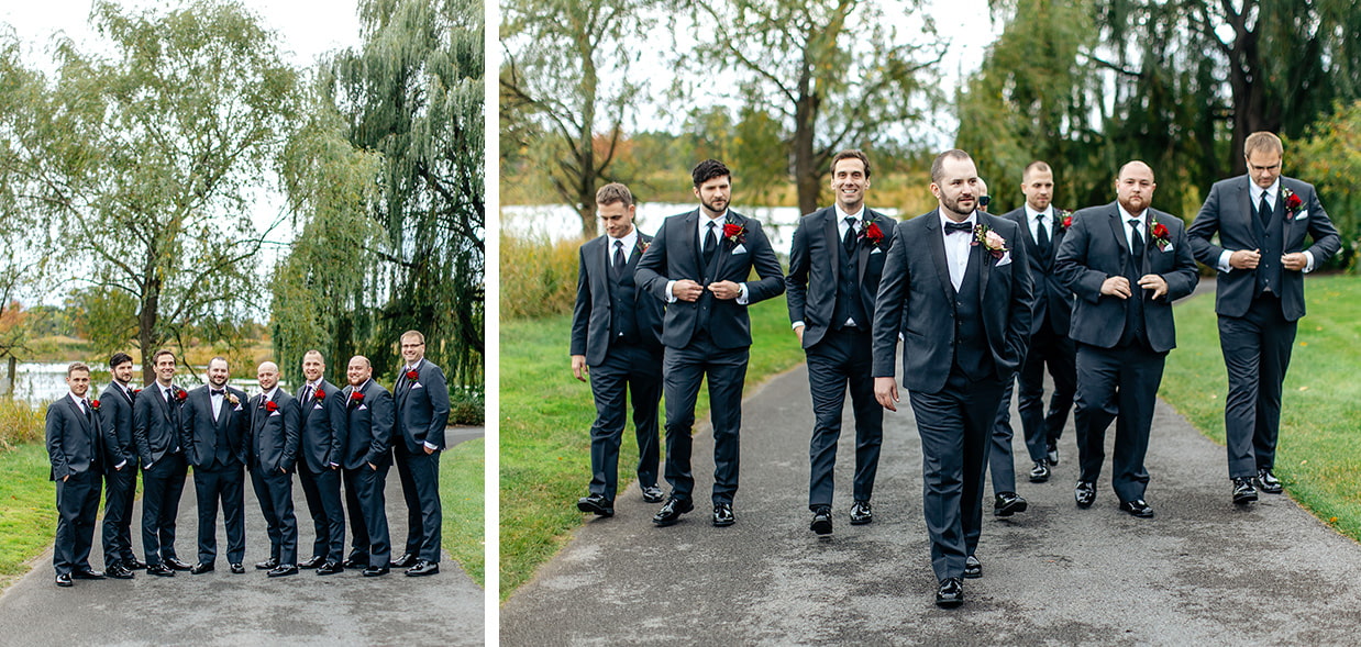 Groom and groomsmen in grey suits smile for photo in front of tall trees at The Lodge at Turning Stone in Verona NY