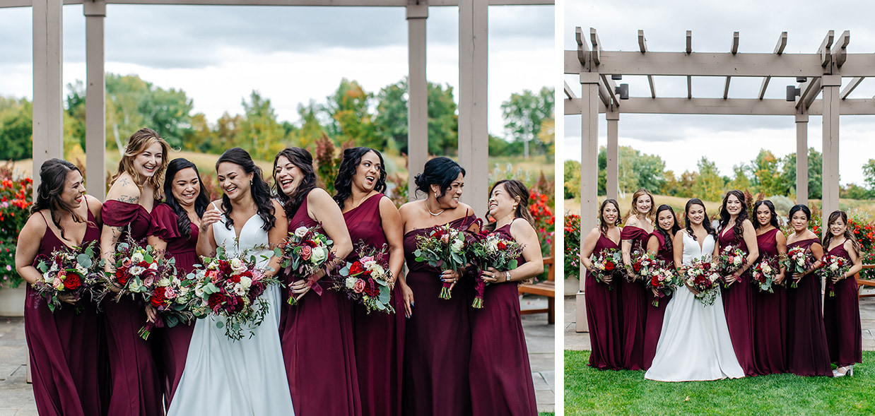 Bride and bridesmaids in wine colored dresses stand in front of beautiful garden trellis at The Lodge at Turning Stone in Verona NY
