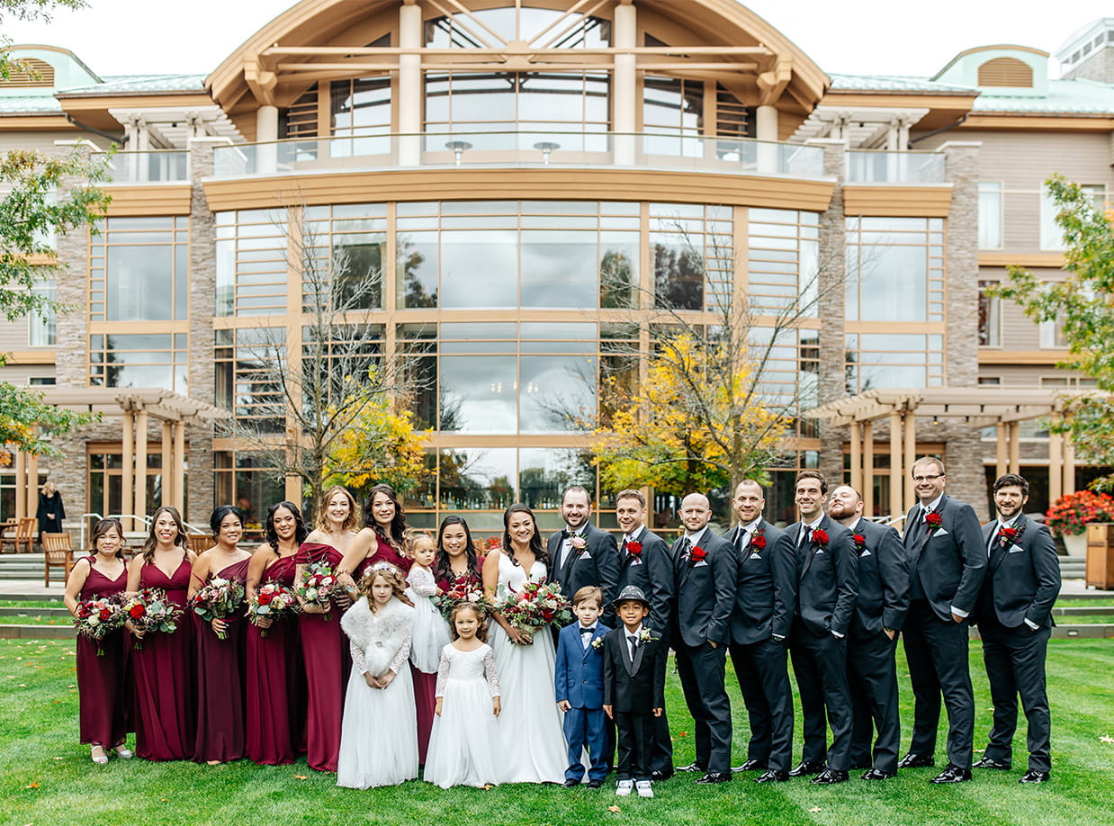 Wedding party smiles for photo at The Lodge at Turning Stone in Verona NY