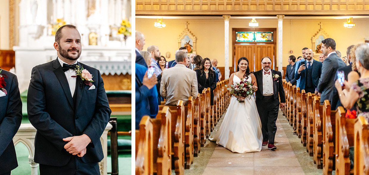 Bride walks down the aisle with her dad while groom watches