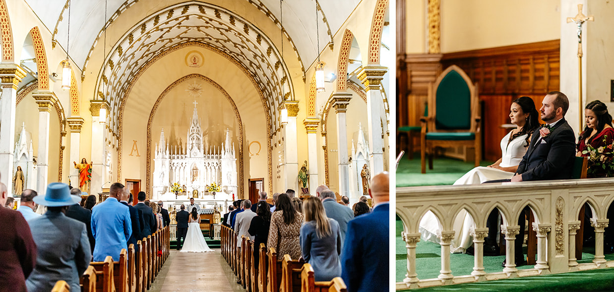 Bride and Groom stand and sit during catholic church wedding ceremony