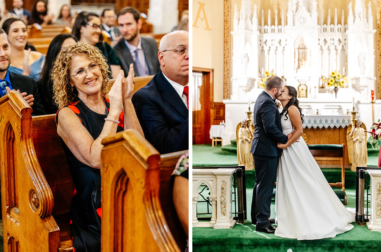 bride and groom share their first kiss while guests clap