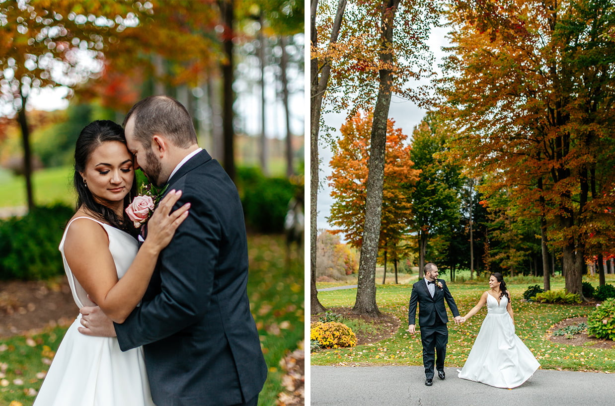 Bride and groom walk together through tall trees with colorful fall foliage at Shenendoah Clubhouse at Turning Stone in Verona NY