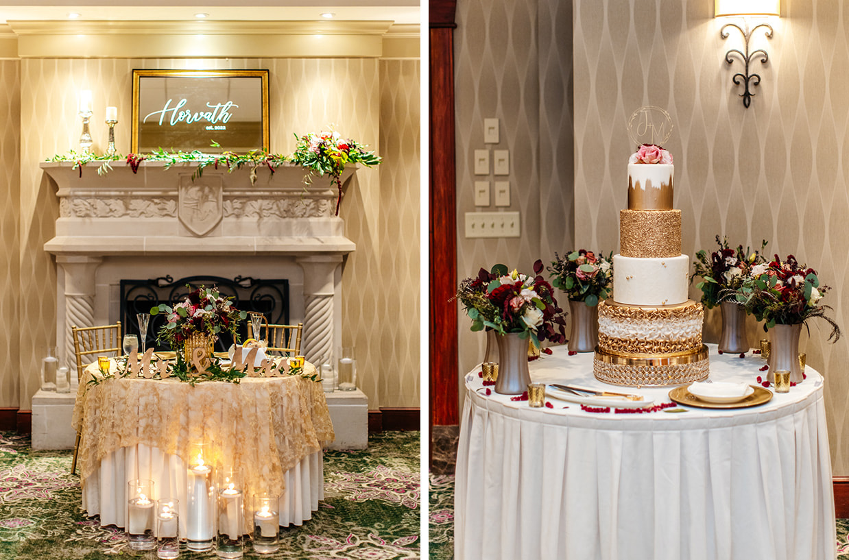 Sweetheart table in front of a fireplace and a white and gold wedding cake at Shenendoah Clubhouse at Turning Stone in Verona NY