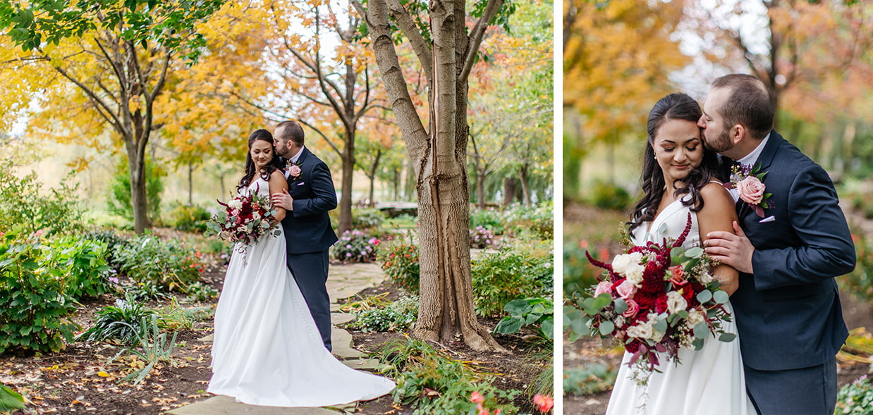 Bride and Groom stand on colorful garden pathway during their fall wedding at The Lodge at Turning Stone in Verona NY