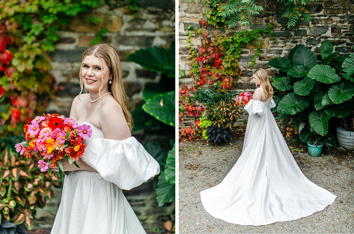 bride stands and holds colorful bouquet in beautiful italian stone walled courtyard at the treman center in newfield NY