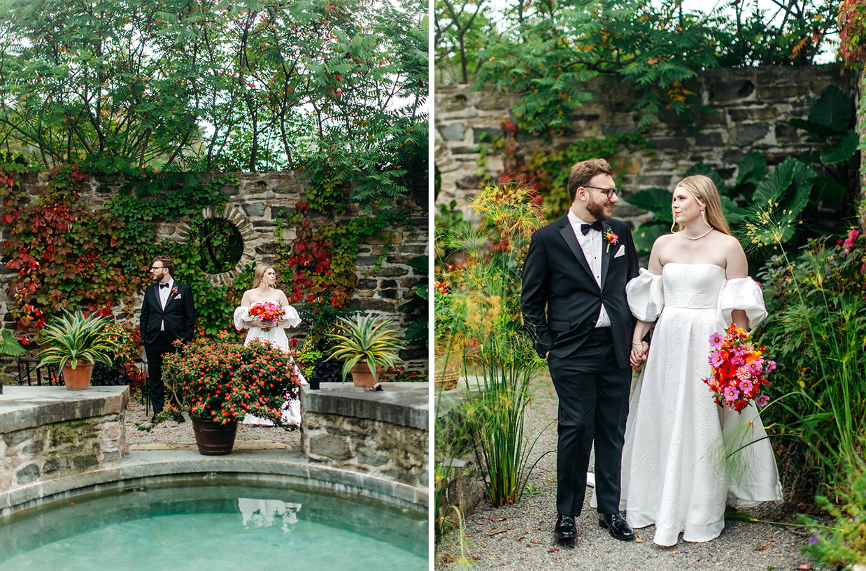 Bride with pink, red, and orange bouquet holds grooms hand while standing in italian courtyard filled with tropical plants at the treman center in newfield NY