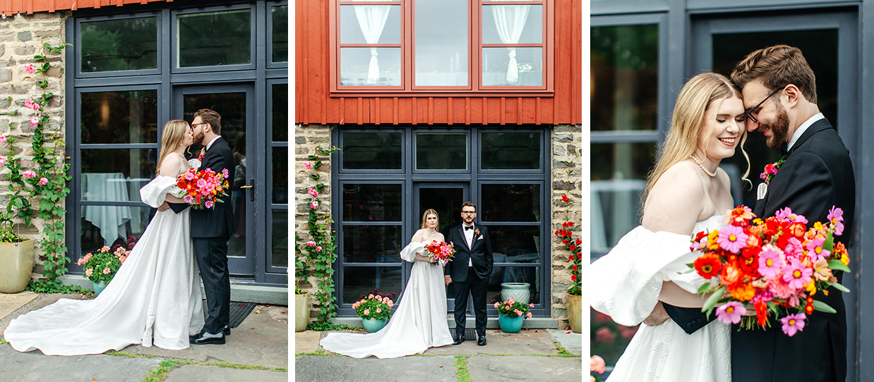 bride and groom stand in front of doors to the treman center in newfield NY