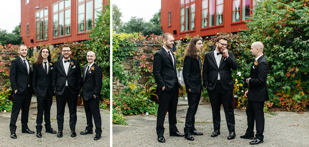 groom stands with his groomsman in front of colorful greenery outside the treman center in newfield NY