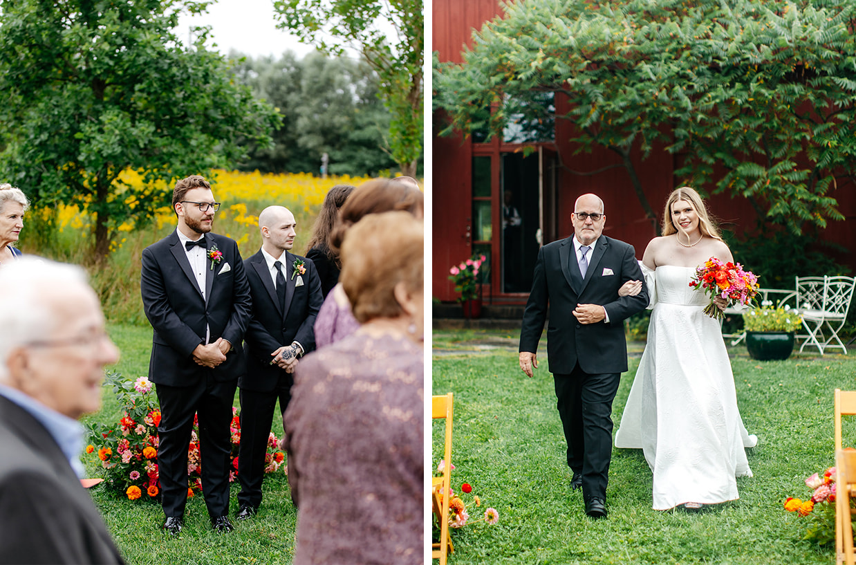 groom in tuxedo watches as bride holding pink, orange, and red bouquet walks down the wedding ceremony aisle with her father