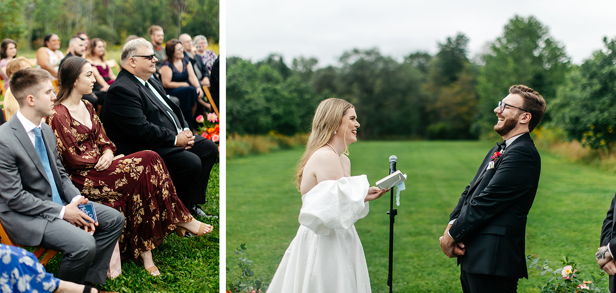 bride and groom laugh as they read their vows to each other while guests look on