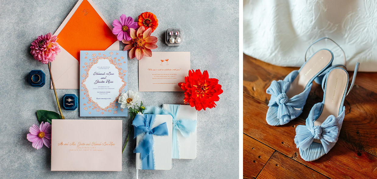 colorful pink, blue, orange, and red wedding invitation suite and blue designer bridal shoes