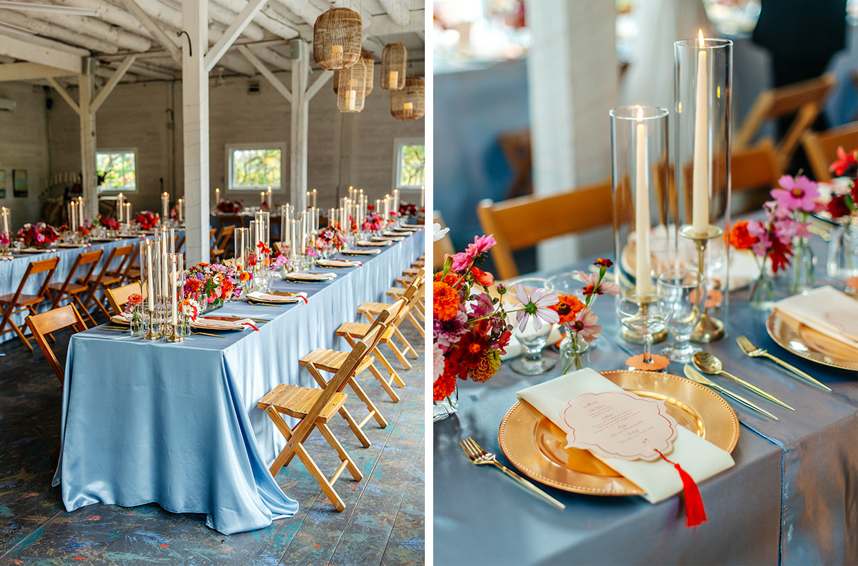 modern wedding reception tables decorated with baby blue silk tablecloths and pink, red, and orange flowers with taper candles at the treman center in newfield NY