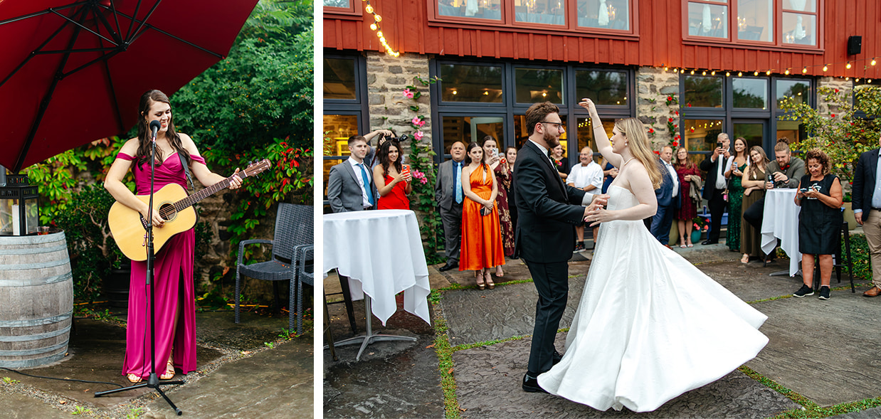 bride and groom share their first dance in the italian courtyard of the treman center in newfield NY