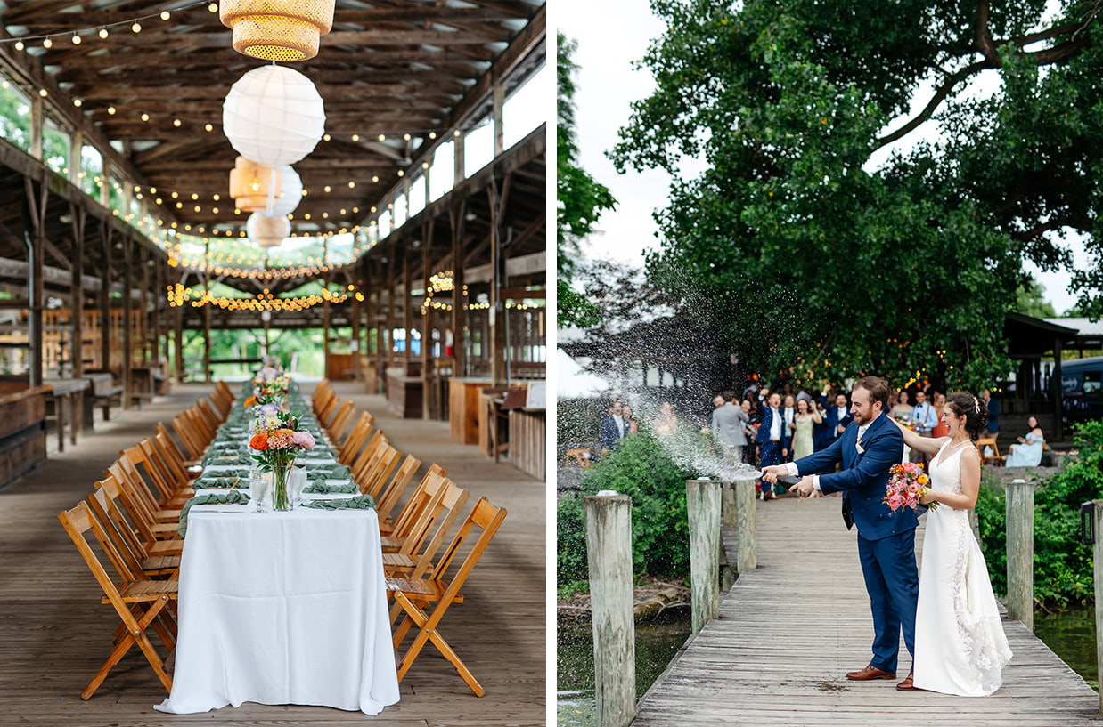 Wedding celebration in Upstate New York featuring a rustic reception and waterfront champagne toast