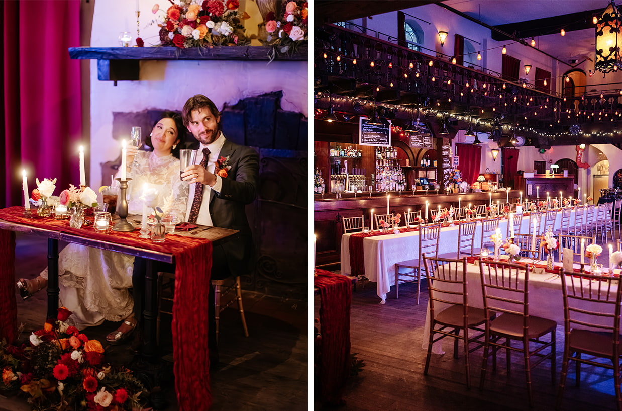 Candlelit wedding reception in Upstate New York with dramatic lighting and long banquet tables