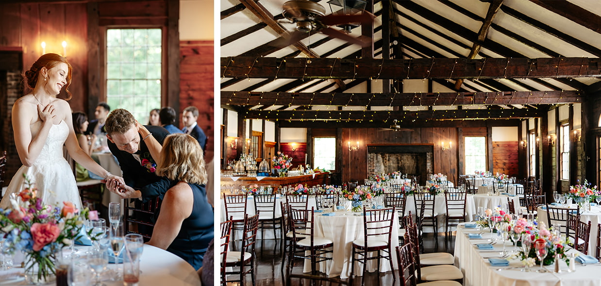Upstate New York wedding reception moments inside a rustic inn venue with warm wood beams and guest interactions