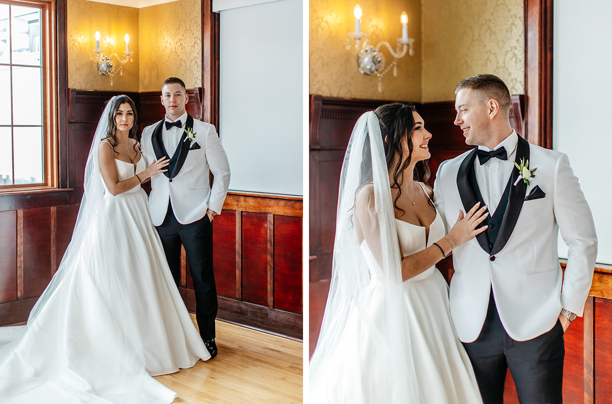 Bride and Groom pose for photos at The Gatsby in an elegant wood paneled room