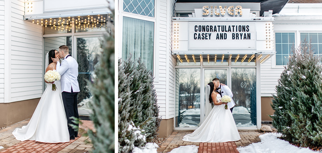 Bride and Groom kiss in front of Theatre Marquee at The Gatsby in Vernon NY