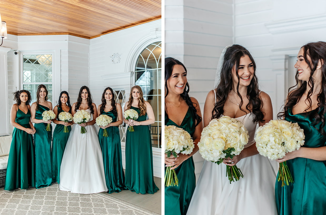 Bride and bridesmaids in emerald silk dresses pose for photos on the porch at The Gatsby