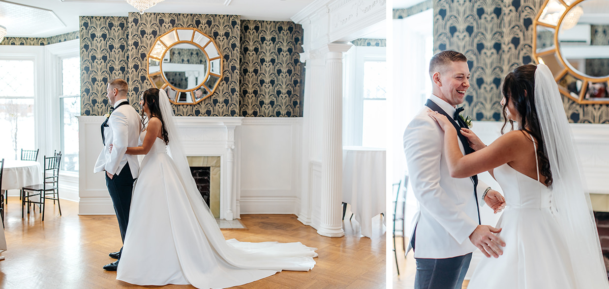 Couple has their wedding day first look in front of the fire place at The Gatsby wedding venue