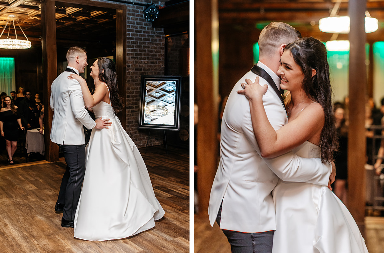 Bride and Groom share their first dance in a beautiful wood paneled reception room at The Gatsby