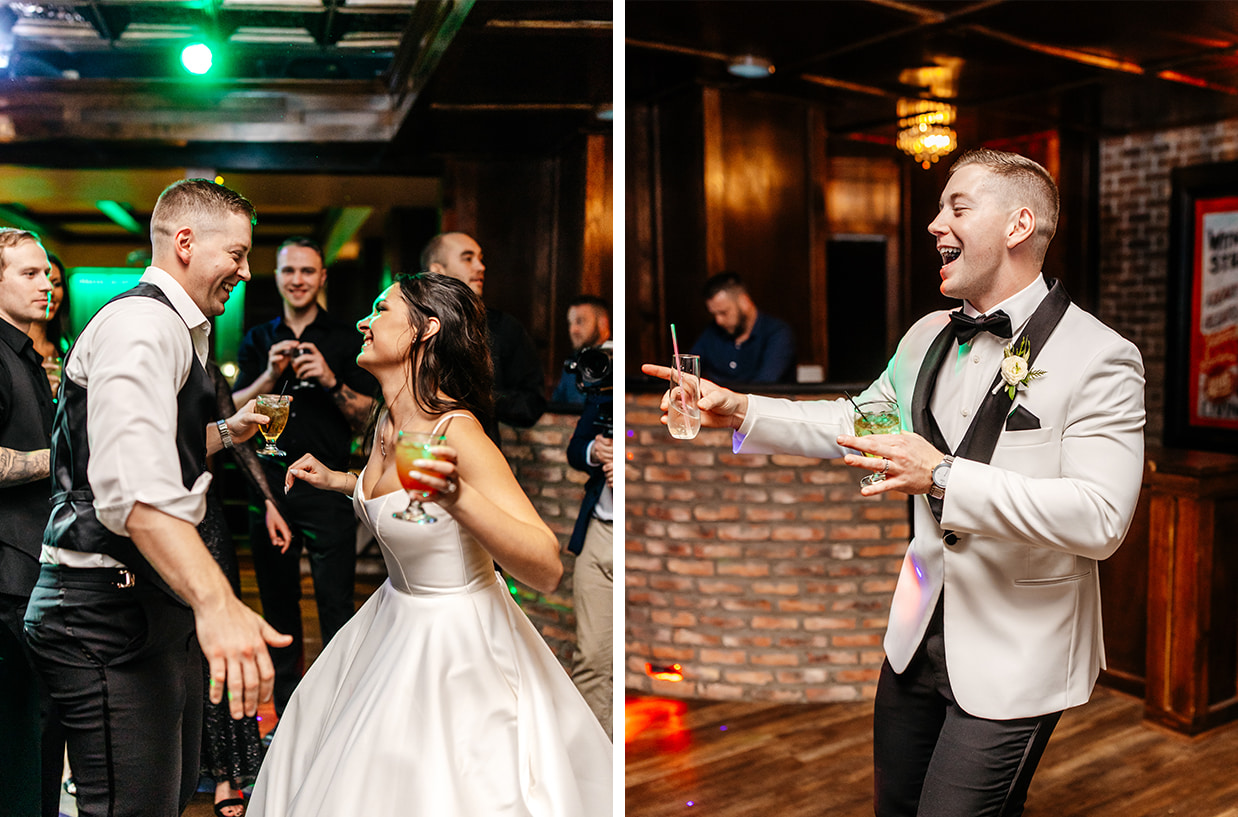 Bride and groom dance with cocktails in their hands at their reception at The Gatsby