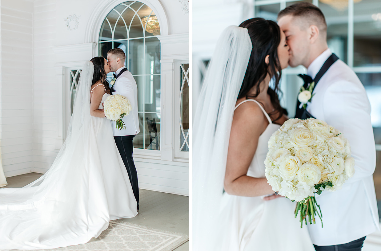 Groom and Bride holding a white bouquet kiss on the front porch of The Gatsby in Vernon NY