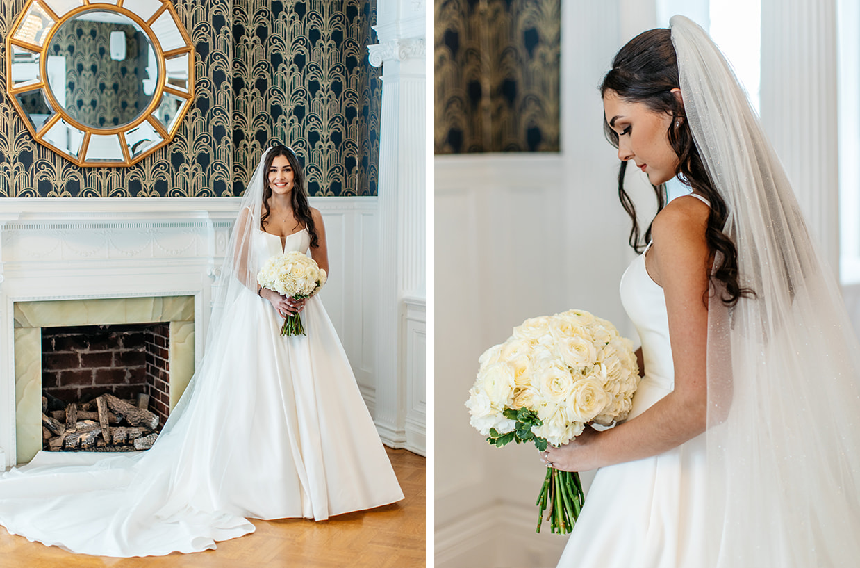 Bride stands holding a white bouquet in front of fireplace at The Gatsby in Vernon NY