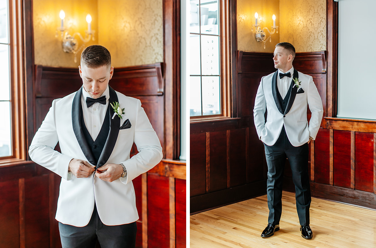Groom wearing white Tux jacket stands in wood paneled room at The Gatsby in Vernon NY