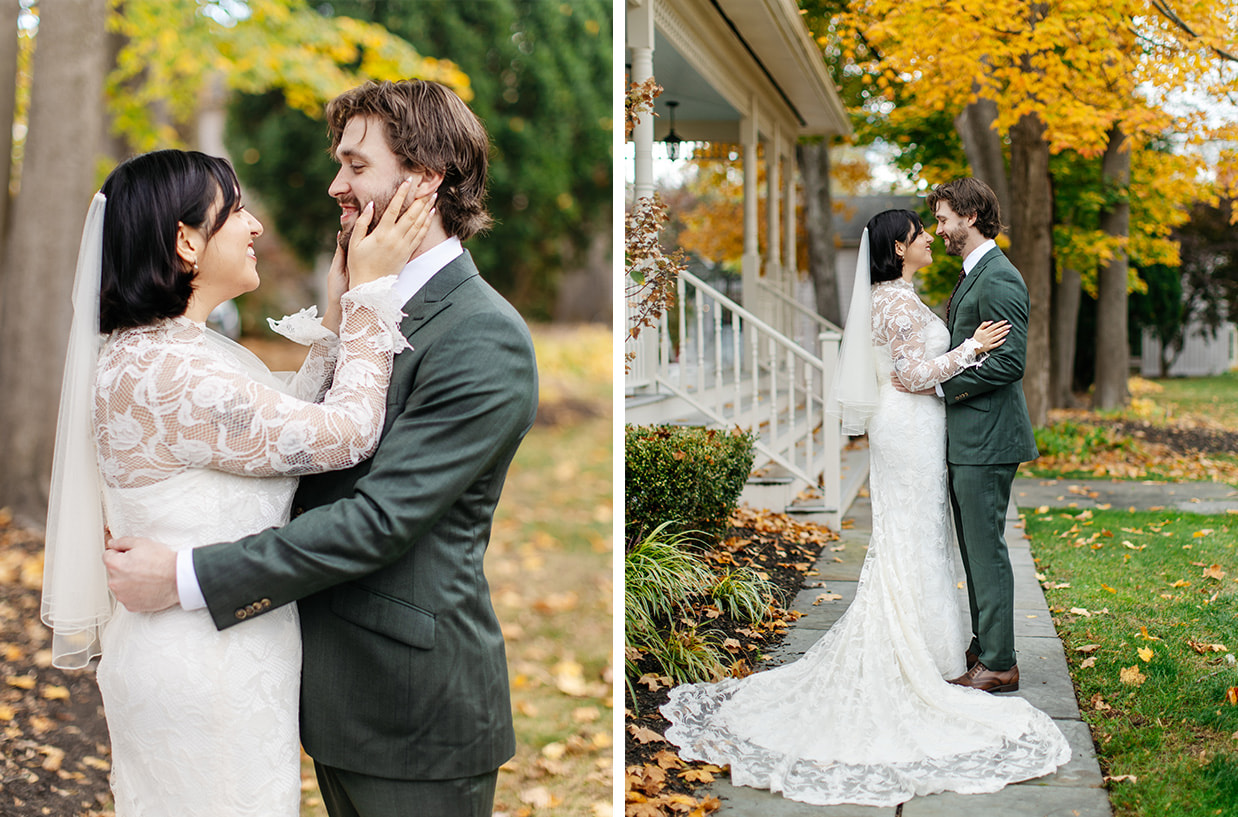 Romantic fall wedding portraits of couple near Colony Woodstock venue