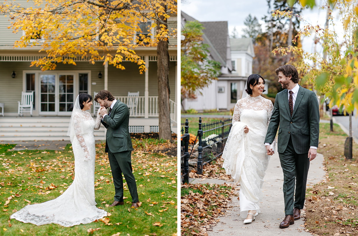 Bride and groom portraits outside during fall wedding